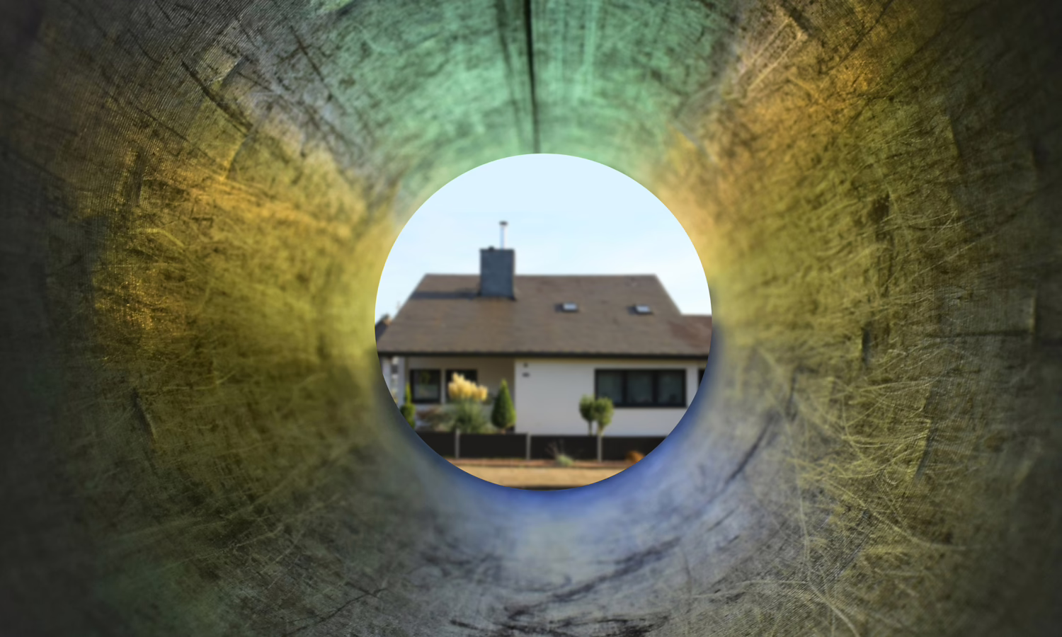 Composite image showing a modern neighborhood home viewed through an outdoor pipe free of garbage and waste.